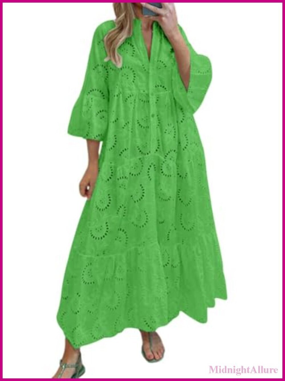 Lace Eyelet Embroidery Maxi Dress V-Neck Trumpet Sleeve Boho Flowy Swing Dress